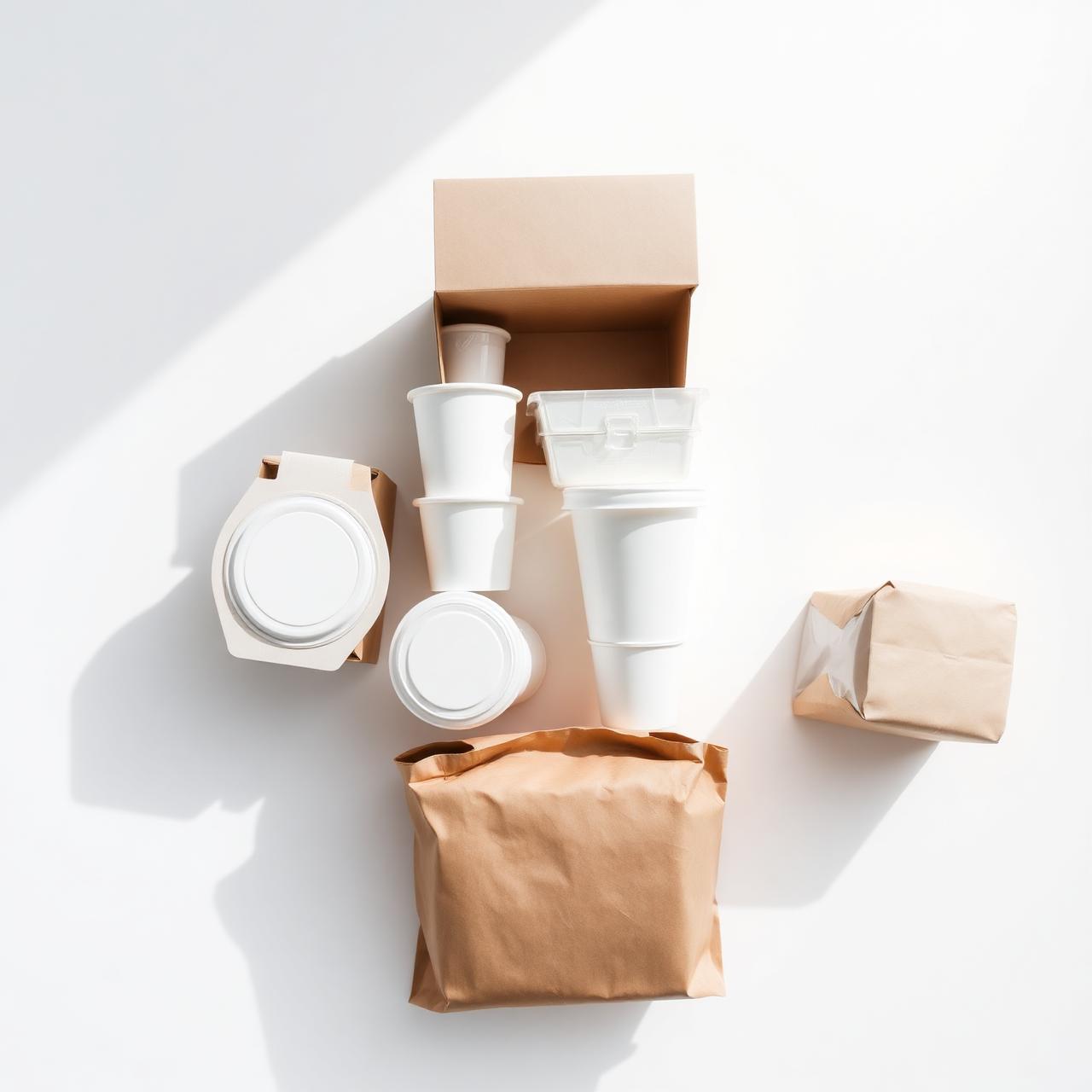 Assorted wholesale food packaging including kraft takeout boxes, paper cups and clear deli containers
